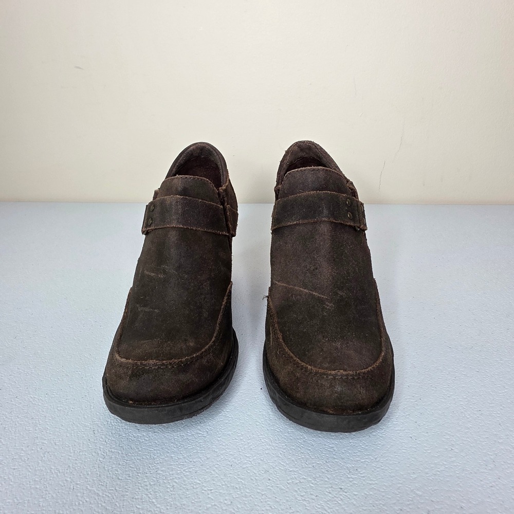 Born Ankle Booties Womens 7.5 Brown Suede Leather Block Heel Buckle Western Boho - Picture 2 of 9